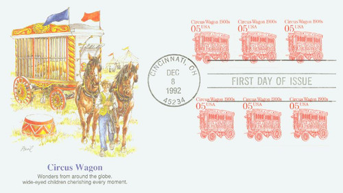 2452B FDC - 1992 5c Transportation Series: Circus Wagon 1900s (white background)