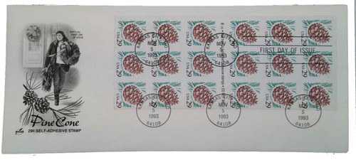 2491a FDC - 1993 29c Pine Cone,self-adh, pane of 18