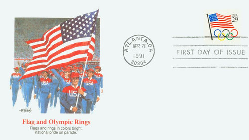 2528 FDC - 1991 29c Flag and Olympic Rings