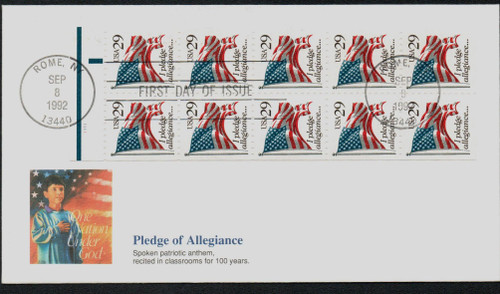 2593a FDC - 1992 29c Pledge,blk,bklt pane of 10