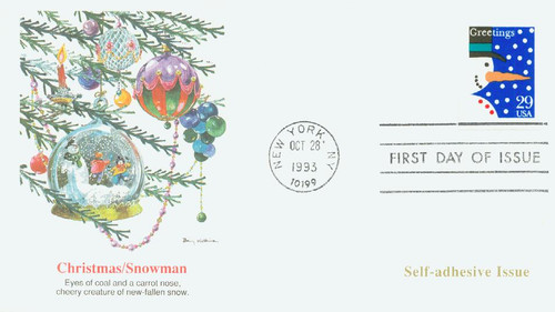 2799 FDC - 1993 29c Contemporary Christmas: Snowman, self-adhesive