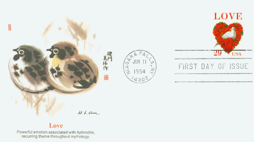 2814C FDC - 1994 29c Love Series: Dove and Red Roses