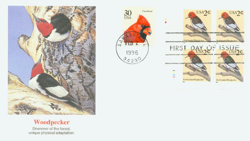 3032 FDC - 1996 2c Red-headed Woodpecker