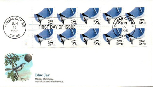 3048a FDC - 1996 20c Blue Jay self-adh. bk. pane(10)