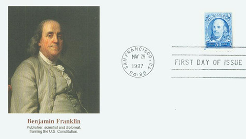 3139a FDC - 1997 50c Ben Franklin, single from pane of 12