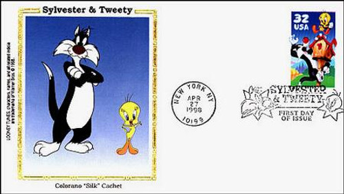 3204c FDC - 1998 32c Sylvester and Tweety, Pane of 1