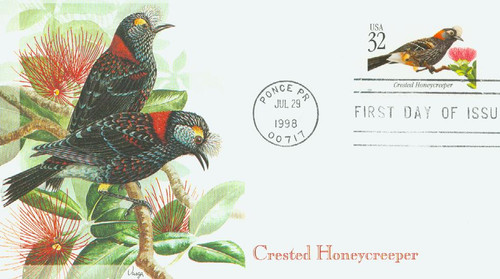 3224 FDC - 1998 32c Crested Honeycreeper Tropical Bird