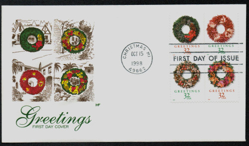 3245-48 FDC - 1998 32c Contemporary Christmas: Wreaths, booklet stamps