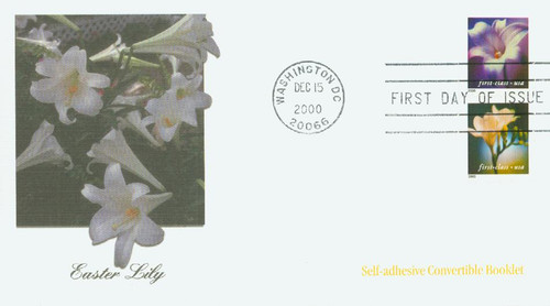 3454 FDC - 2000 34c Lilies: Longiflorum, 10.5 x 10.75 perf, booklet single