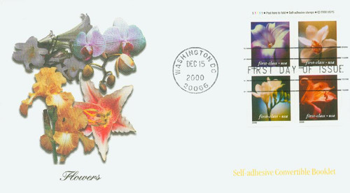 3457b FDC - 2000 34c Lilies, 10.5 x 10.75 perf, block of 4 stamps