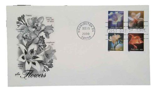 3458-61 FDC - 2000 34c Flowers, 11.5 x 11.75 perf, booklet, 4 Stamps