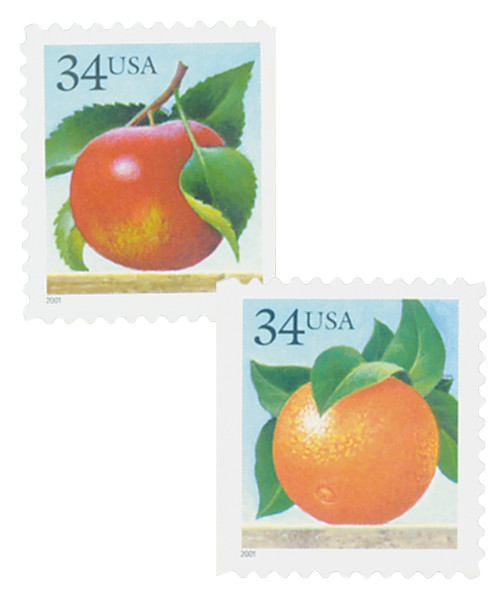 3493-94 FDC - 2001 34c Apple and Orange, self-adhesive booklet stamps