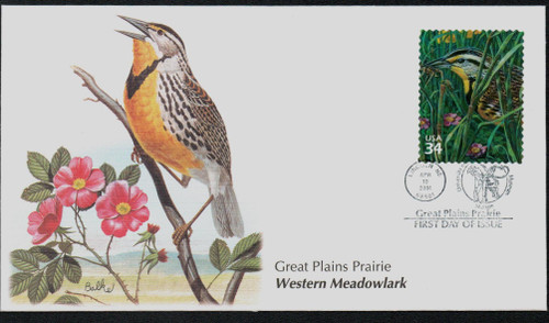 3506f FDC - 2001 34c Great Plains Prairie: Weastern Meadowlark