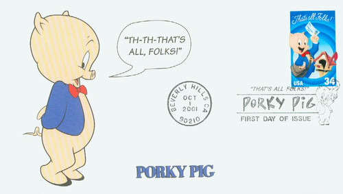 3534a FDC - 2001 34c Porky Pig, single from pane of 10 stamps