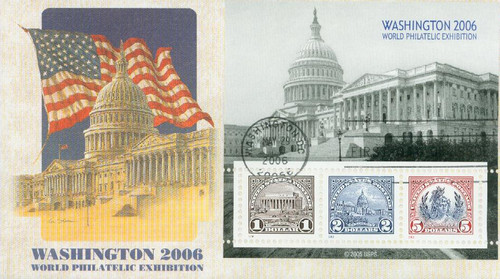 4075 FDC - 2006 $1, $2, $5 Washington 2006 World Philatelic Exhibition, souvenir sheet