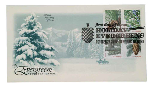 4478-81 FDC - 2010 First-Class Forever Stamp - Contemporary Christmas: Holiday Evergreens (Sennett Security Products, booklet)