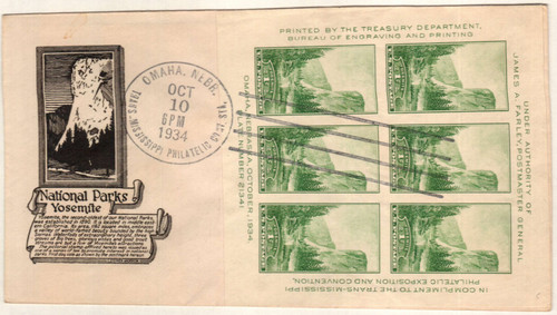 751 FDC - 1934 1c National Parks: Yosemite, California, souvenir sheet