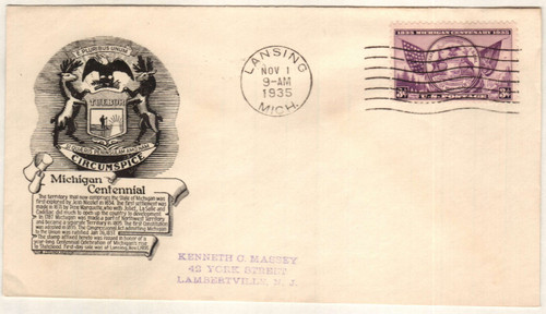 775 FDC - 1935 3c Michigan Centenary