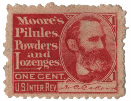 RS183d  - 1878-83 1c Proprietary Medicine Stamp - Dr. C.C. Moore, vermilion, Pilules watermark 191R