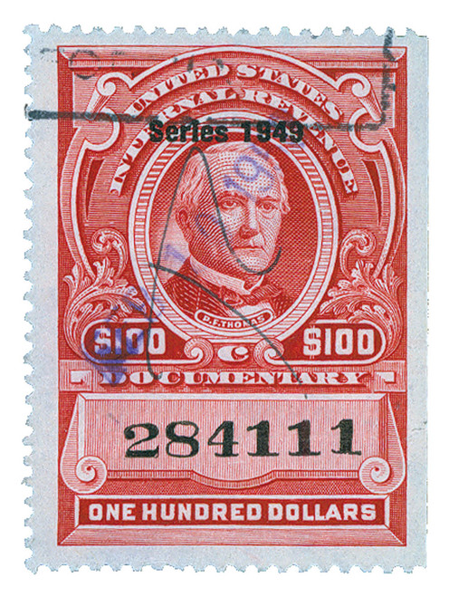 R533  - 1949 $100 US Internal Revenue Stamp - watermark, perf 12, carmine