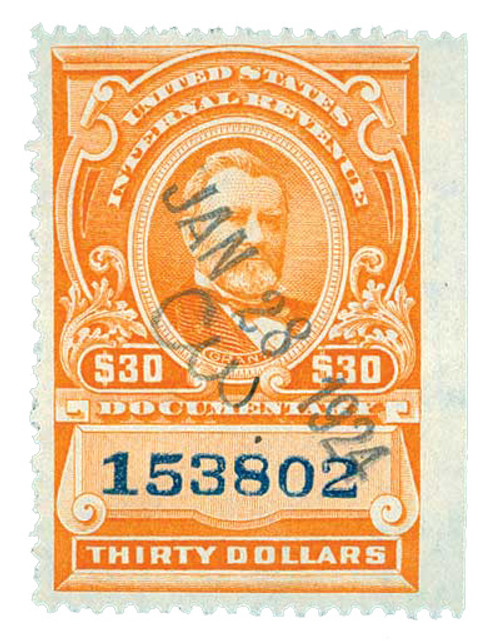 R246b  - 1917 $30 US Internal Revenue Stamp - Grant, no gum, orange numerals in blue