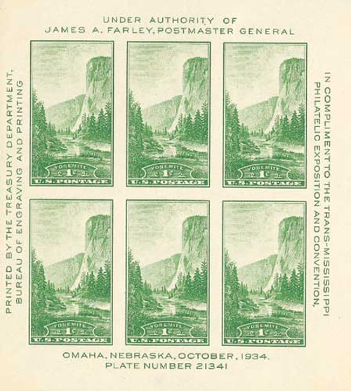 751  - 1934 1c National Parks: Yosemite, California, souvenir sheet