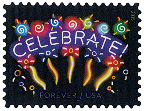 5019  - 2015 First-Class Forever Stamp - Neon Celebrate