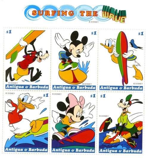 MDS240B  - 1998 Disney Celebrates Mickey's 70th Birthday, Mint Sheet of 6 Stamps, Antigua-Barbuda