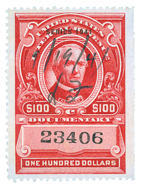 R333  - 1941 $100 US Internal Revenue Stamp - watermark, perf 12, carmine