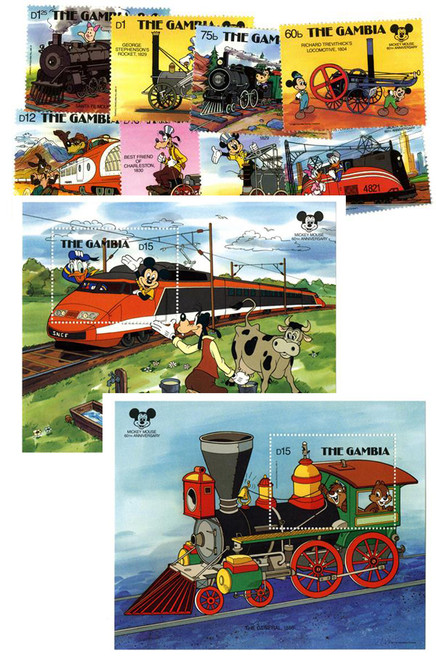 MDS272  - 1987 Disney Friends Ride Historic Trains, Mint, Set of 8 Stamps and 2 Souvenir Sheets, Gambia