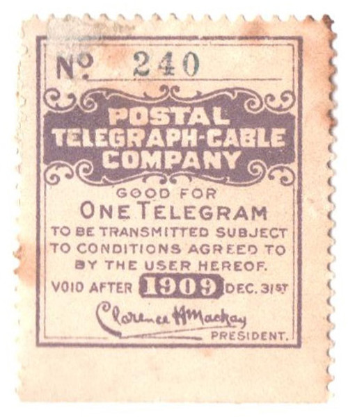 15T41  - 1909 Postal Telegraph-Cable Co. Stamp - lilac, perf 12