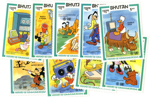 MDS243A  - 1984 Disney Celebrates the UN World Communications Year, Mint, Set of 9 Stamps, Bhutan