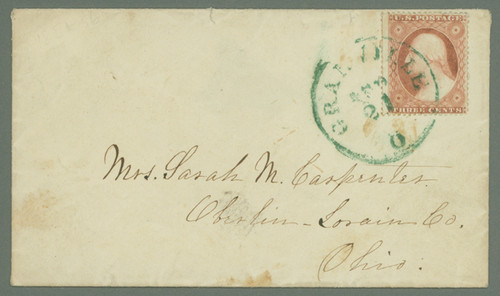 MRS1476  - 1857-61 3c Type III Single (Scott #26) Tied on Cover by Green Ohio CDS Cancel