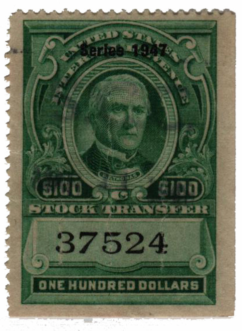 RD255  - 1947 $100 Stock Transfer Stamp, bright green, watermark, perf 12