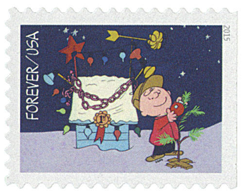 5030  - 2015 First-Class Forever Stamp - Contemporary Christmas: Charlie Brown Hanging an Ornament on the Tree