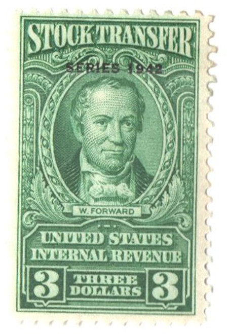 RD129  - 1942 $3 Stock Transfer Stamp, bright green, watermark, perf 11
