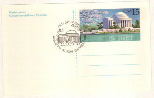 UX144  - 1989 15c Postal Card - Jefferson Memorial