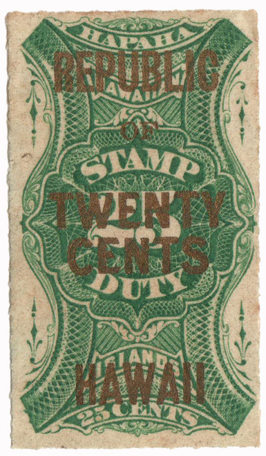 HR8  - 1893-94 20c on 25c Hawaii Revenue Stamp, green, surcharge in gold