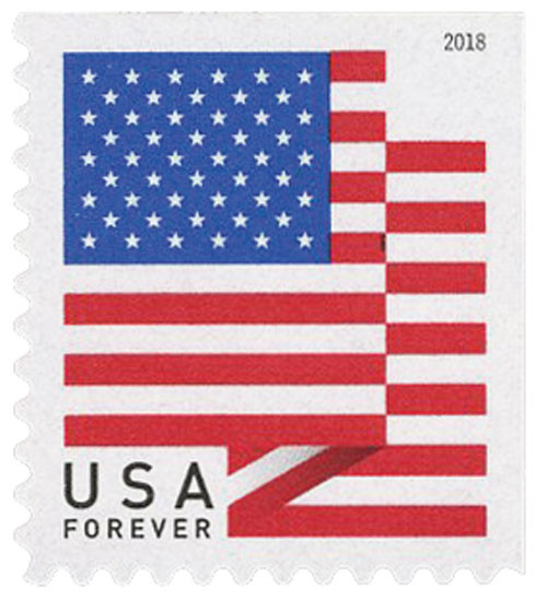 5262  - 2018 First-Class Forever Stamp - US Flag with Micro Print on Left 4th Red Stripe (Ashton Potter booklet)