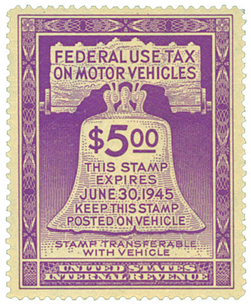 RV30  - 1944 $5 Motor Vehicle Use Tax, violet (gum on face, control no. & inscription on back)