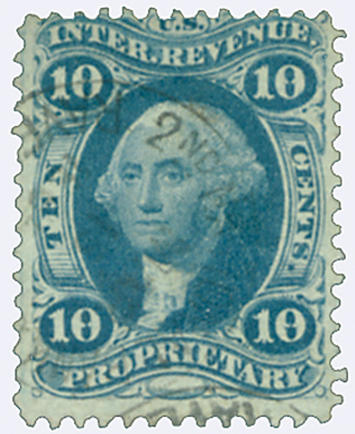 R38  - 1862-71 10c US Internal Revenue Stamp -  Proprietary, old paper, blue,