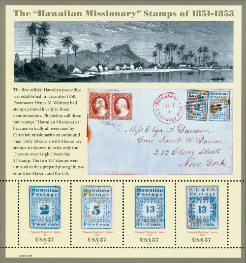 3694  - 2002 37c Hawaiian Missionaries, souvenir sheet of 4 stamps