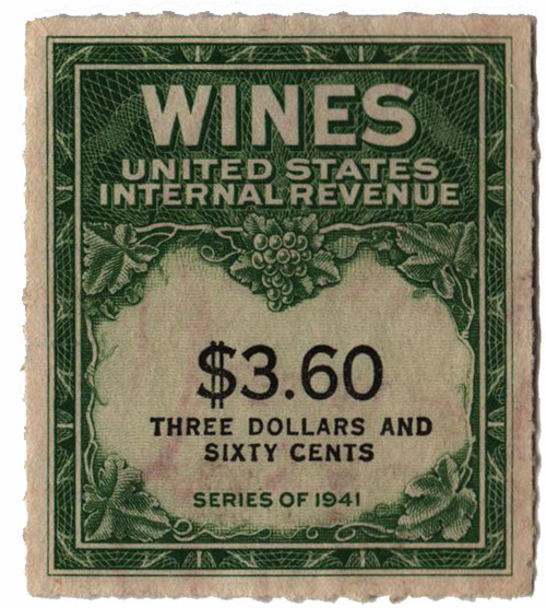 RE156  - 1942 $3.60 Cordials, Wines, Etc. Stamp - Engraved, yellow green & black