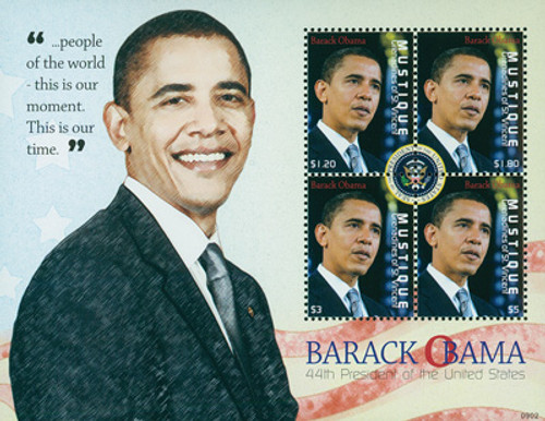 M10334  - 2009 President Barack Obama, 4 Stamps, Mint, Mustique