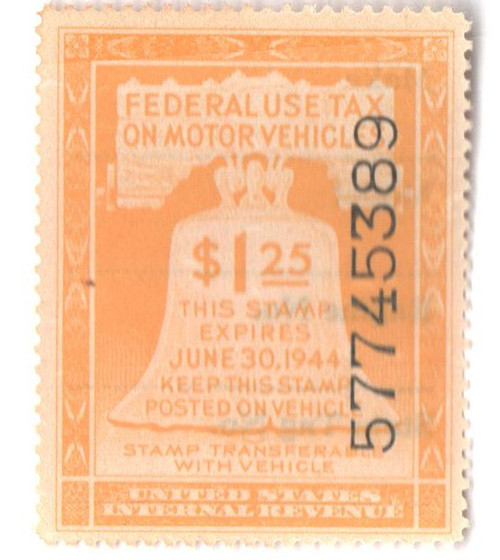 RV27  - 1944 $2.25 Motor Vehicle Use Tax, yellow (gum & control no. on face, inscription on back)
