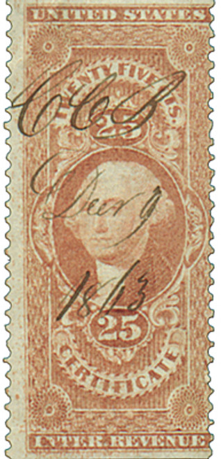 R44b  - 1862-71 25c US Internal Revenue Stamp -certificate, part perf,  red,