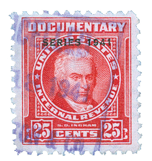 R319  - 1941 25c US Internal Revenue Stamp - watermark, perf 11, carmine
