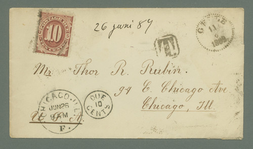 MRS1613  - 1884 10c Postage Due (#J19) on Cover From Gegle, Sweden to Chicago, IL