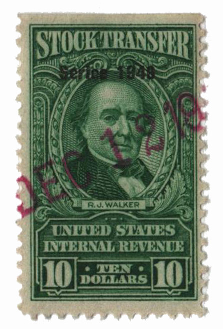 RD276  - 1948 $10 Stock Transfer Stamp, bright green, watermark, perf 11