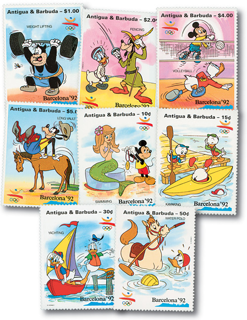 MDS232A  - 1992 Disney's Barcelona Summer Olympics, Mint, Set of 8 Stamps, Antigua-Barbuda